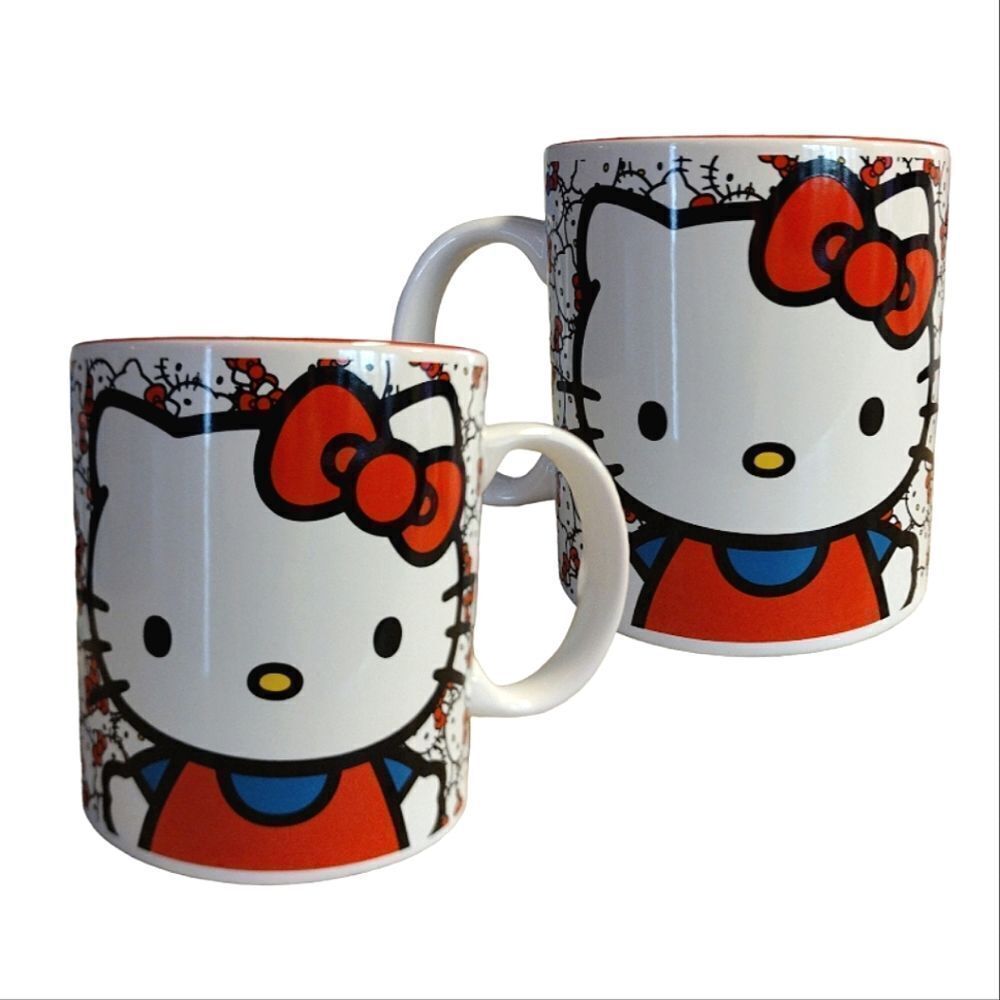 HELLO KITTY Faces Printed 20oz Ceramic Mug NWT Red White Collage